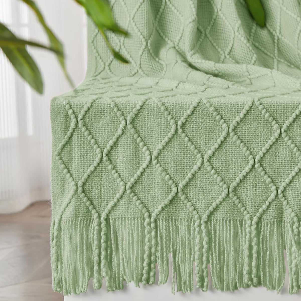 inhand Sage Green Throw Blanket for Couch, Soft Living Room Home Decor Knitted Blanket with Tassel, Outdoor Lightweight Breathable Summer Blanket, Farmhouse Warm Woven Decorative, 50"x60"