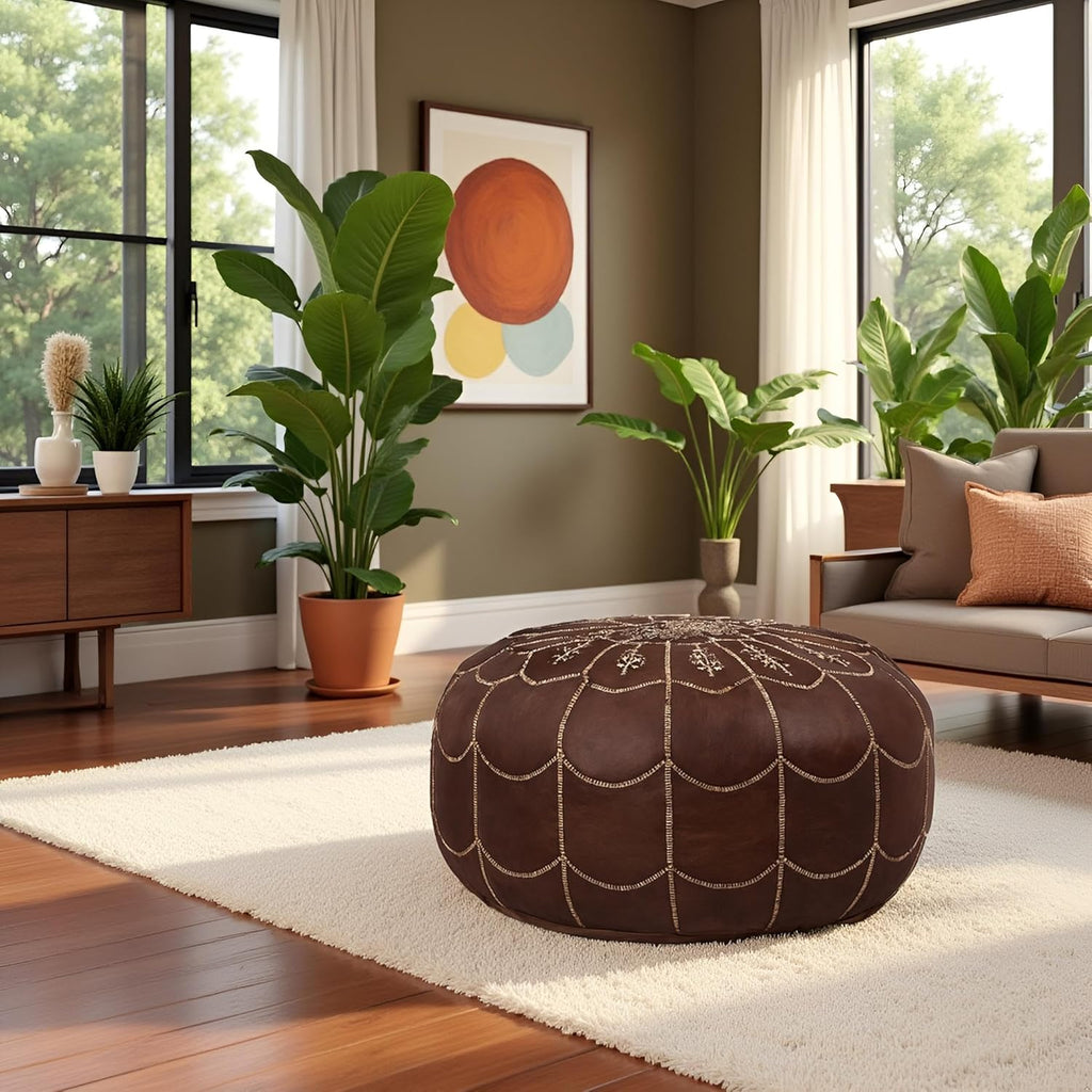 Stuffed Arch Design Moroccan Leather Pouf Ottoman, Handmade, Pre-Filled, 100% Genuine Leather, 14” Height x 22” Diameter – Boho Chic Footstool & Living Room Décor (Brown)
