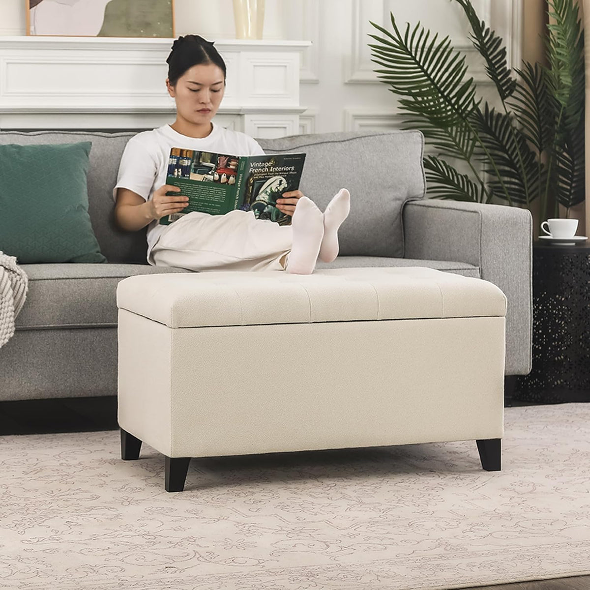 Asense Storage Ottoman Bench, Tufted Fabric Upholstered End of Bed Bench with Safety Hinge Wooden Legs, for Entryway Bedroom (Cotton and Linen Beige, 33.3")