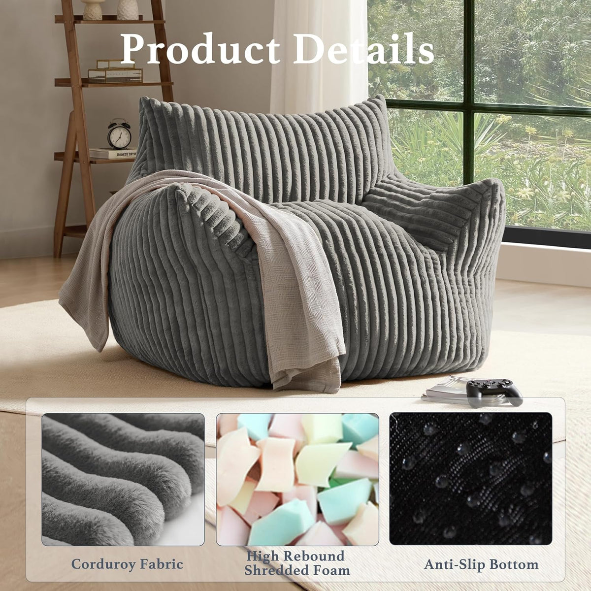 Giant Plush Bean Bag Chair for Adults with Armrests - Oversized Comfy Light Grey Beanbag Lounge Lazy Floor Sofa Accent Chair for Living Room, Bedroom & Dorm, Cozy Fluffy Single Cloud Mini Couch