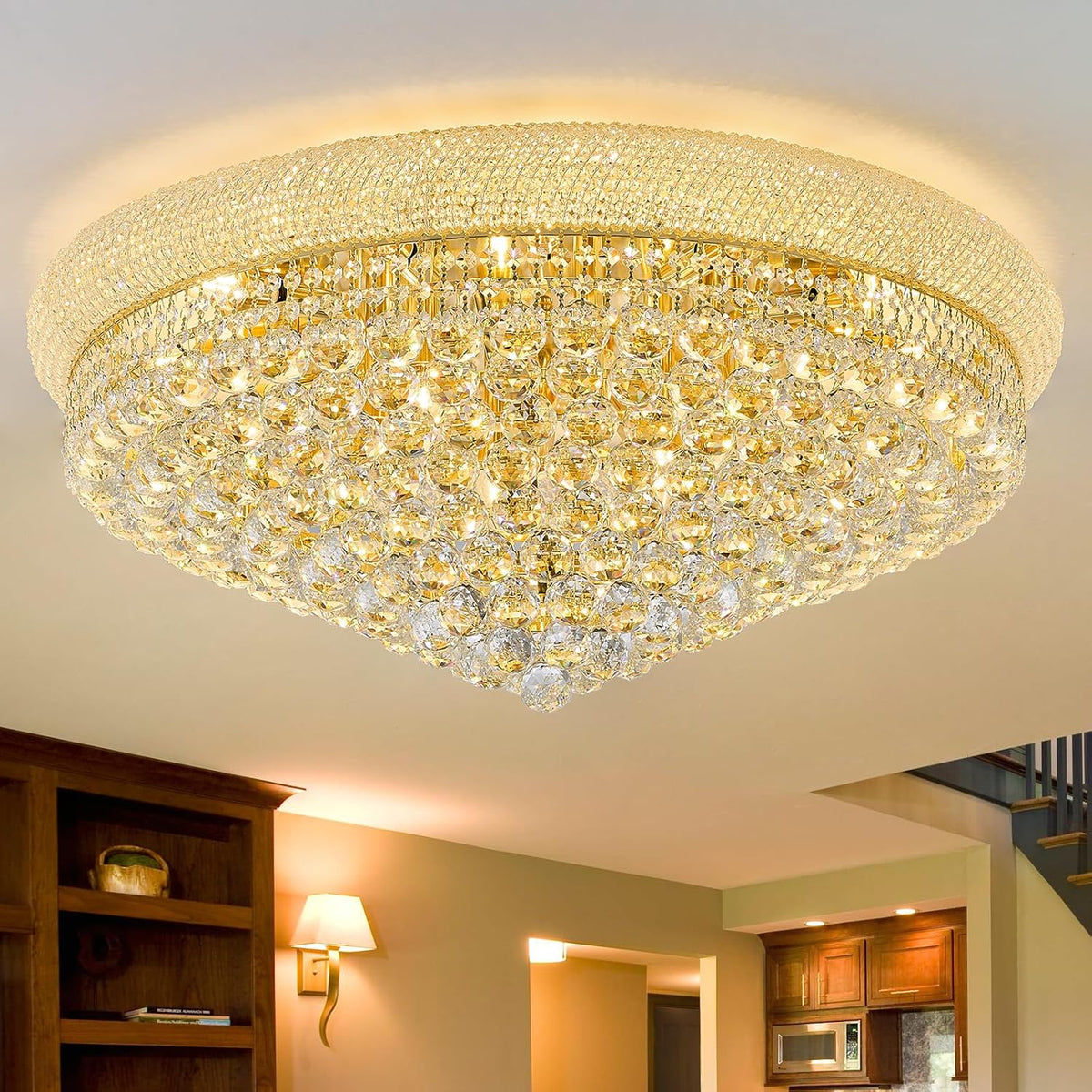 18-Light 32 inch Large Crystal Chandelier Flush Mount Ceiling Light Fixture for Living Room Dining Room Bedroom Foyer Entryway Gold Finish