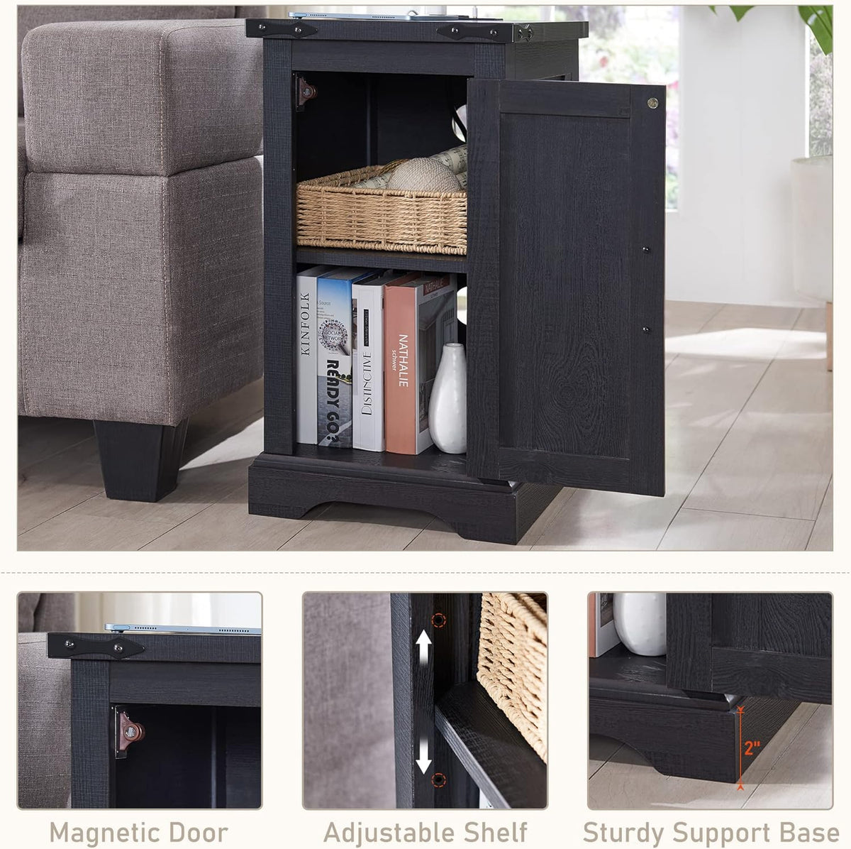 JXQTLINGMU Farmhouse Nightstand Set of 2 with Charging Station, 17" D Rectangular End Table with Barn Door & Adjustable Storage Shelf, Wood Rustic Sofa Side Table for Living Room, Bedroom, Black