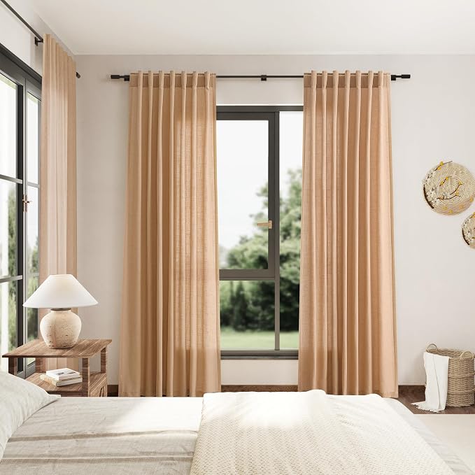 Camel Linen Semi Sheer Curtains 72 Inches Long 2 Panels Set - Image 7