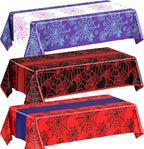 Oudain 3 Pack Spider Theme Birthday Decorations Halloween Purple Black Red Pink Green Web Ghost Bat Tablecloth Cartoon Table Cover Party Favor for Birthday (Purple,Black,Red,Spider)