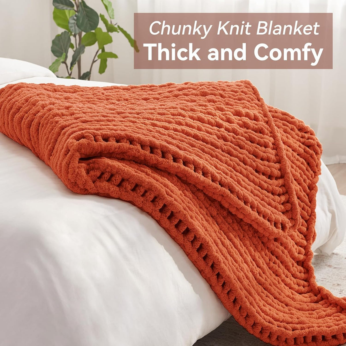 Chunky Knit Throw Blanket, 30''*40'' Fall Throw Blanket Knitted Chenille Yarn for Bed Couch, Handmade Orange Crochet Big Thick Blanket, Machine Washable Cute Comfy Blankets for Home Decor