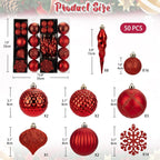 50PCS Christmas Tree Ornaments Set with Shatterproof Balls Icicle Snowflake Hanging Ornaments for Home Office Farmhouse Christmas Decorations, Red