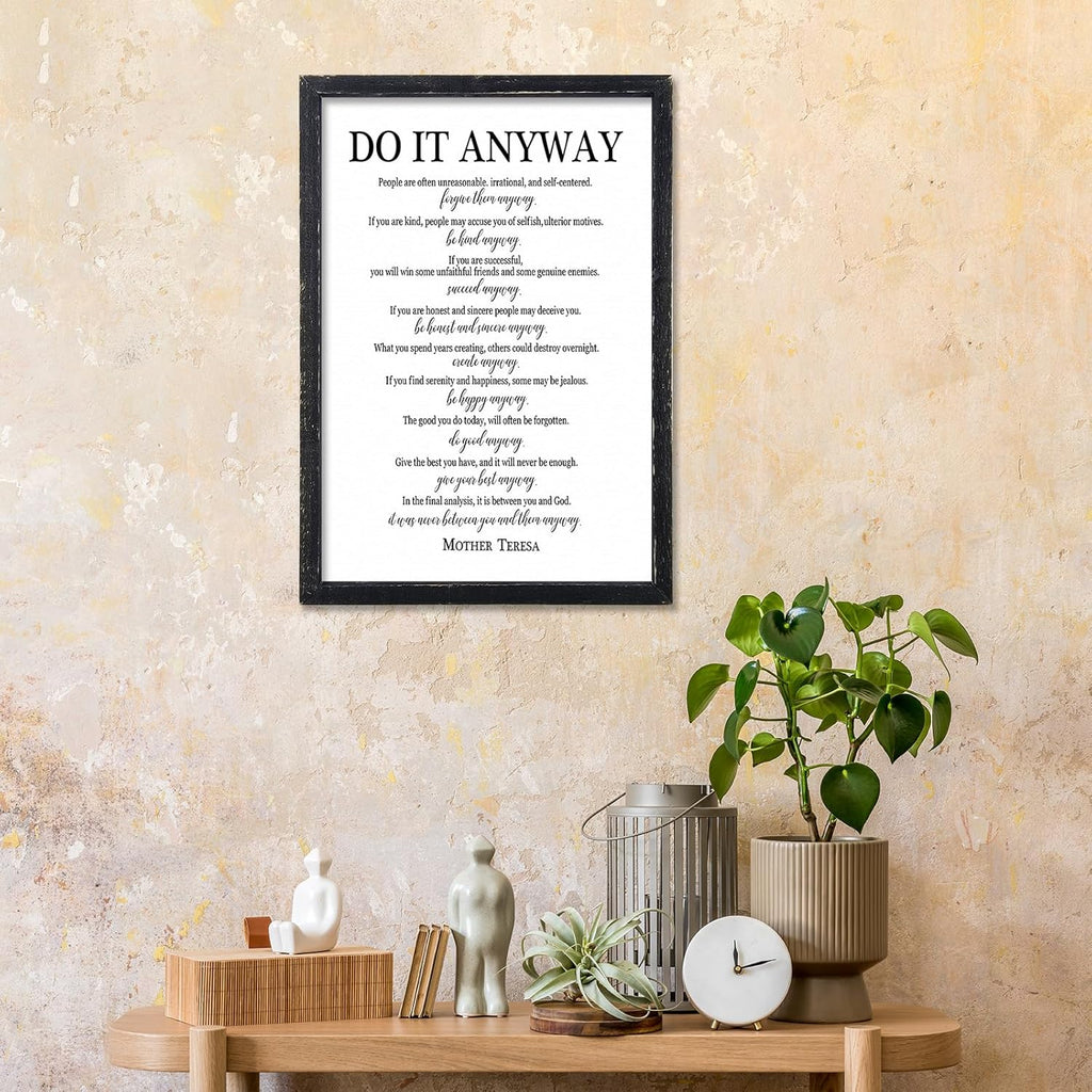 Do It Anyway Mother Teresa Wall Art Decor 16x11 Inch Wooden Framed Wall Hanging Sign (Black)