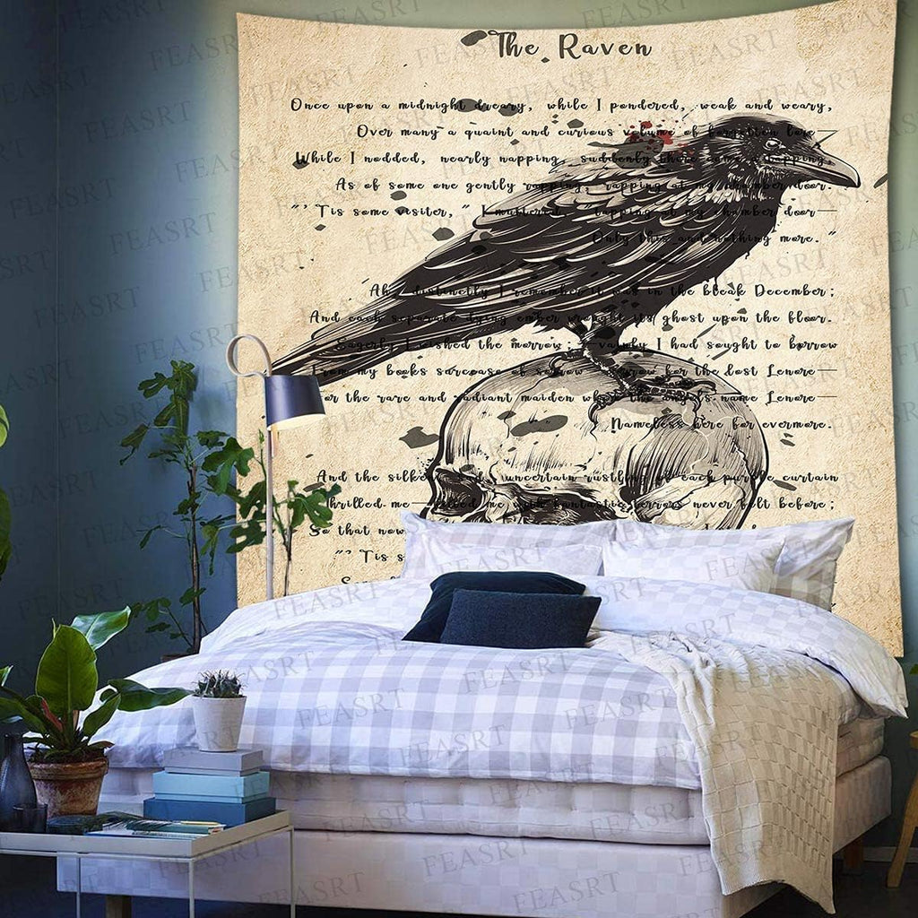 The Raven Tapestry Gothic Skull and Raven Dictionary Tapestry, Large 90x100 Inches Soft Flannelette, Ancient Raven Hymn Poster for Home Dorm GTQQAY1547
