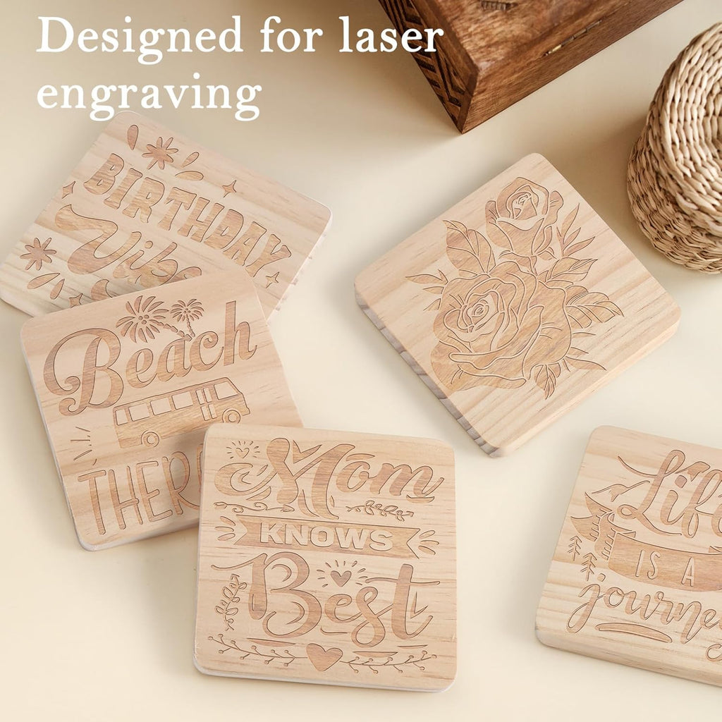 24 Pieces Unfinished Wood Coasters, GOH DODD 4 Inch Wooden Slices Blanks Bulk Set with Soft Foot Pads for Drinks Crafts Laser Engraving Wood Burning Staining Drawing Painting Decoupage Wedding, Square