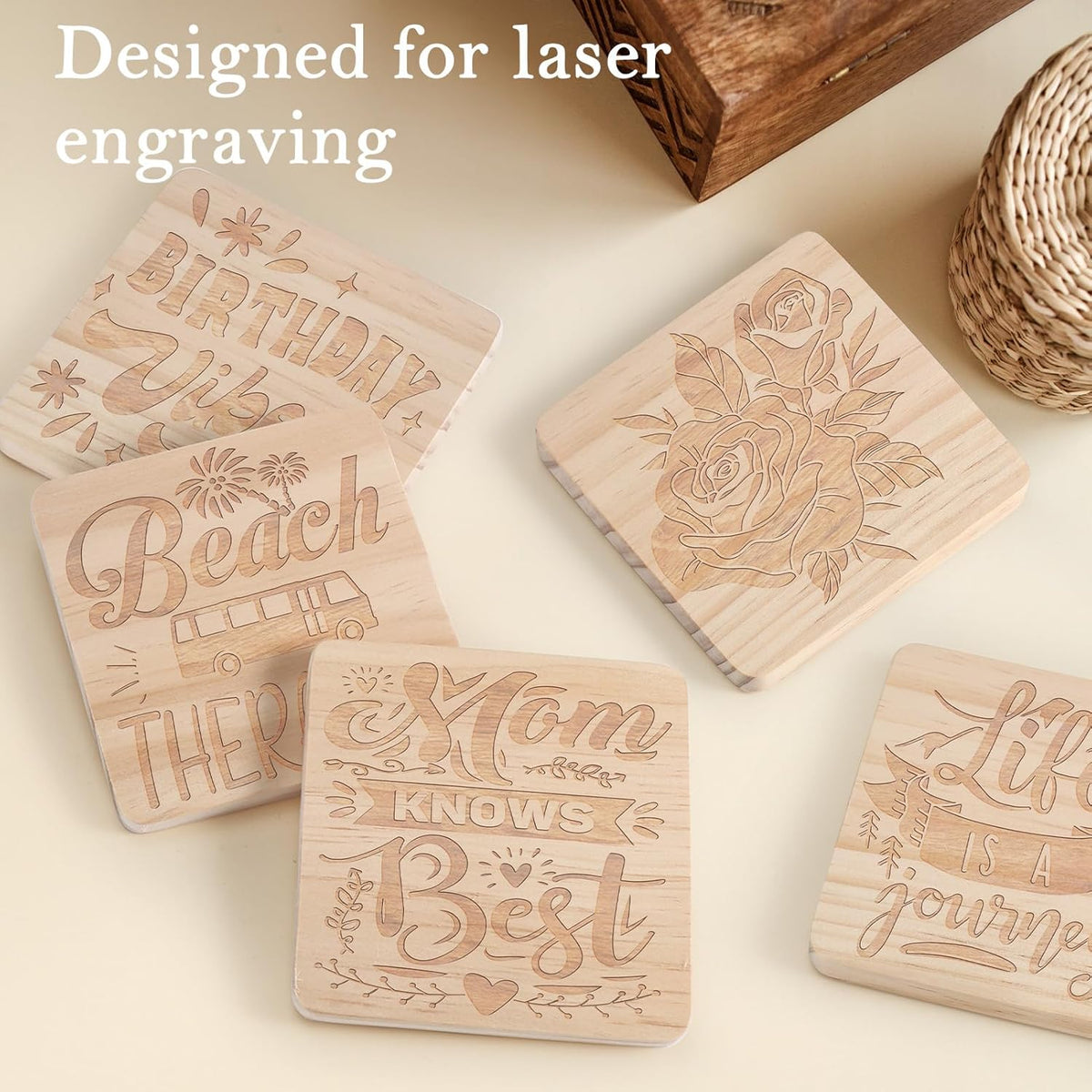 24 Pieces Unfinished Wood Coasters, GOH DODD 4 Inch Wooden Slices Blanks Bulk Set with Soft Foot Pads for Drinks Crafts Laser Engraving Wood Burning Staining Drawing Painting Decoupage Wedding, Square
