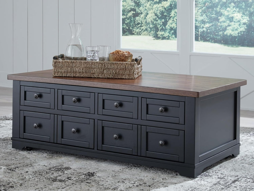 Signature Design by Ashley Wildenauer Farmhouse 2-Drawer Lift-Top Coffee Table with 2 Storage Bins Under Top and Casters, Light Brown & Black