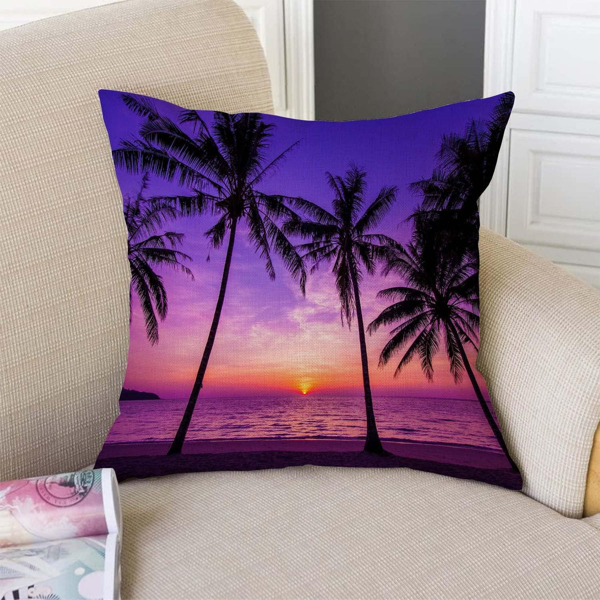 TSSOHU Sunset Beach Pillow Cover 18x18 Inch Tropical Palm Tree Landscape Cotton Linen Cushion Cover for Home Sofa Chair Decor Farmhouse Pillow Case