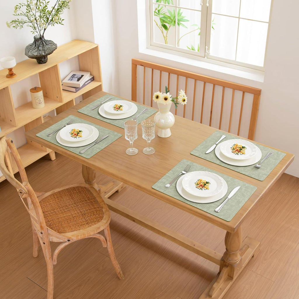 FROMHEART Faux Leather Placemats Set of 6–Waterproof,Heat/Oil Stain-Resistant PU Table Mat–Reversible,Non-Slip,Easy to Clean Place Mats for Kitchen,Dining,Indoor/Outdoor,(Light Green,11.8" x 17")