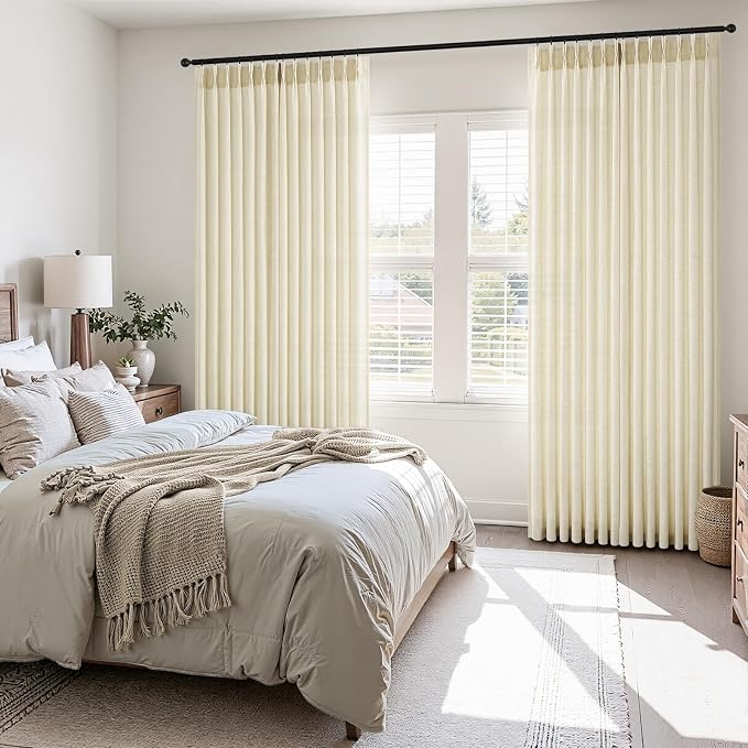 96 Inches Long Pinch Pleated Semi Sheer Curtains, Cream Linen Blended Light - Image 2