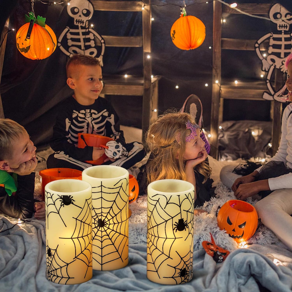 Wondise Halloween Flickering Flameless Candles with Spider Decals, Battery Operated Candles with 6hrs Timer, Real Wax Halloween LED Candles for Horror Spooky Halloween Home Decoration(Set of 3, 3"x6")