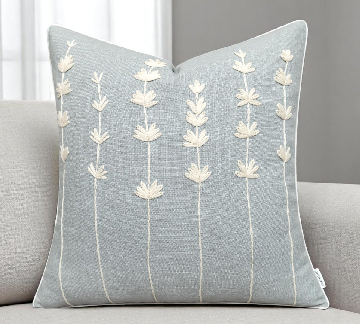 VAGMINE Hand Embroidered Daisy Accent Throw Pillow Cover - 20x20 Inches Square - 100% Cotton Robins Egg Decorative Cushion Cover for Couch, Sofa, Chair - Textured Embroidery - Boho Floral Home Décor