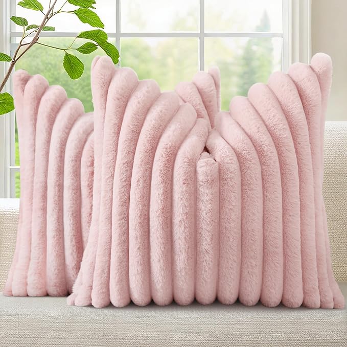 decorUhome Fall Faux Fur Throw Pillow Covers 18x18 Set of 2 Pink | Decorative by decorUhome