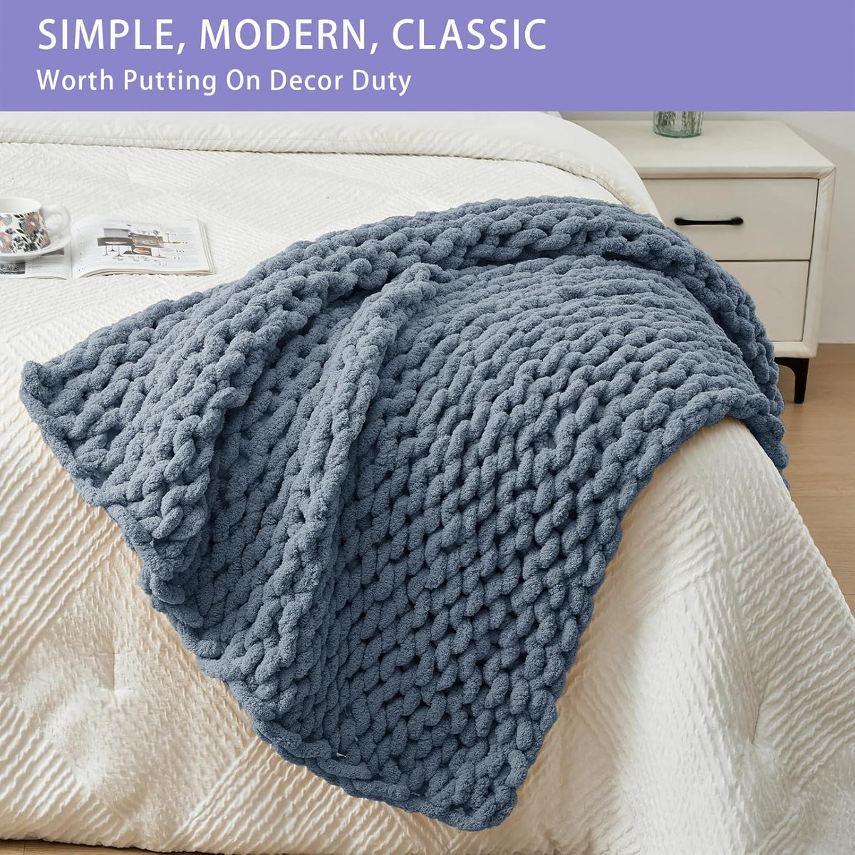 Bigacogo Chunky Knit Throw Blanket for Couch, 40x40 inches, 100% Hand Knitted with Thick Jumbo Chenille Yarn, Cozy Soft Large Rope Knot Cable Crochet Blankets for Sofa Bed Living Room, Cold Sea Blue