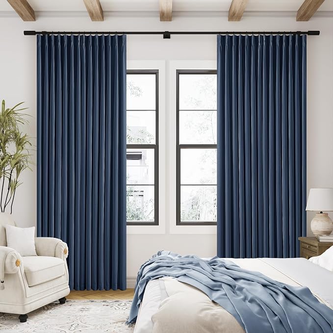Navy Blue Pleated Linen Blackout 102 Inch Curtains - Image 7