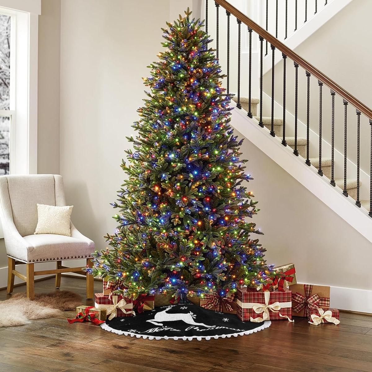 24 Inch Christmas Tree Skirt, Burlap Black Christmas Rustic Tree Skirt with Elk Deer and White Snowflake Printed for Holiday Party Xmas Tree Decoration
