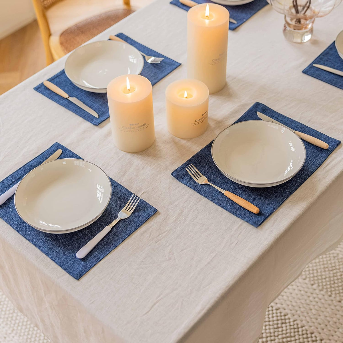 Home Brilliant Placemats Set of 6 Linen Blue Placemats Heat Resistant Dining Table Place Mats Kitchen Table Mats, Indigo
