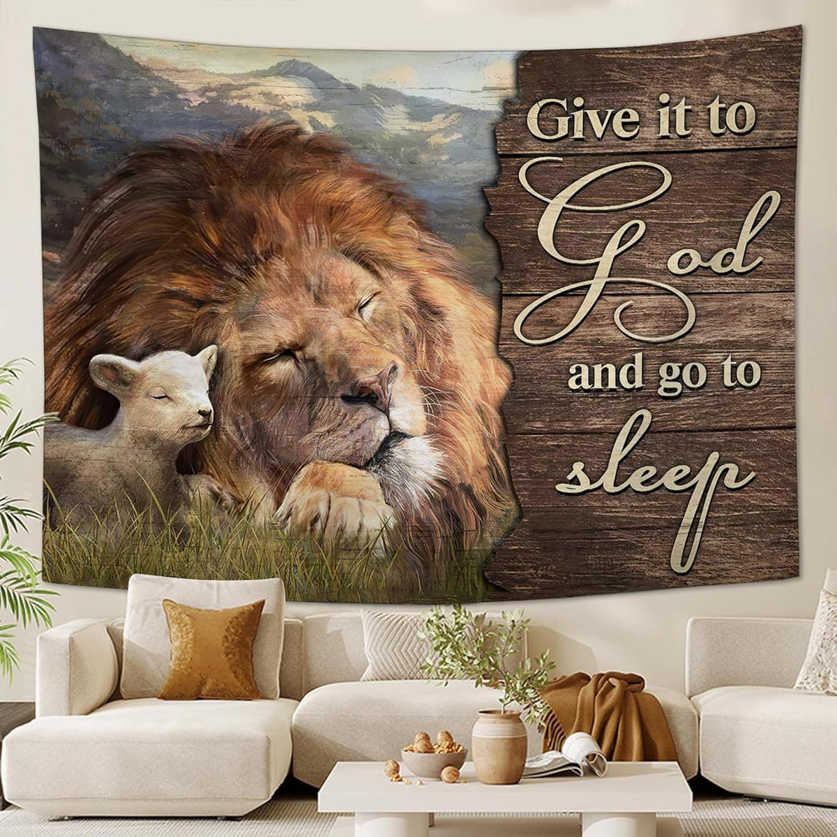 yowecso Lion and Lamb Tapestry Give It To God And Go To Sleep Tapestry Wall Hanging for Bedroom Christian Religious Tapestries Aesthetic Wall Decor for Home Dorm Living Room 40"x60"