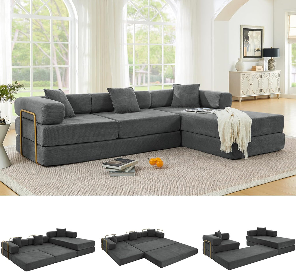 108" Oversized Convertible Sleeper Sofa Bed, Corduroy L Shape Sectional Couch, Folding Sofa Bed with Side Pocket, Modern Cloud Floor Mattress Couch, Modular Sofa for Living Room, Grey