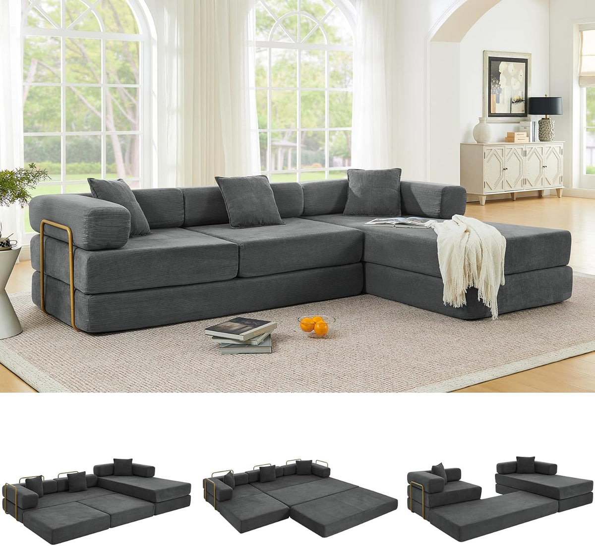 108" Oversized Convertible Sleeper Sofa Bed, Corduroy L Shape Sectional Couch, Folding Sofa Bed with Side Pocket, Modern Cloud Floor Mattress Couch, Modular Sofa for Living Room, Grey