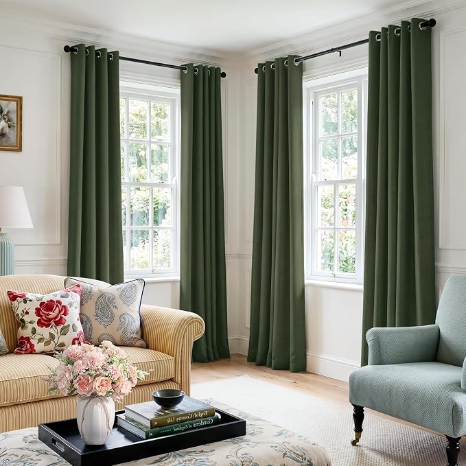 100% Blackout Linen Textured Curtains 96 Inch Long, Loden | 100% Blackout Shield - Image 5