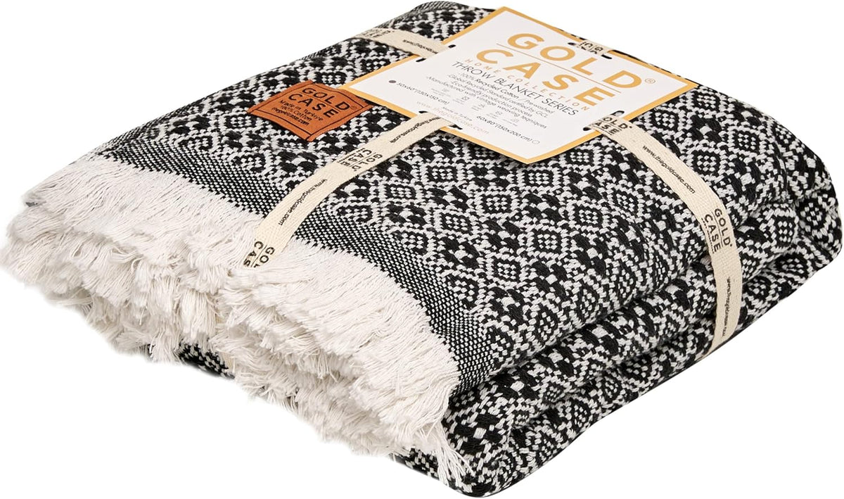 Gold Case Throw Blanket for Couch - 100% Recycled Turkish Cotton Blankets & Throws - Retro Soft Throw Blankets for Living Room Sofa - Boho Decorative Woven Throws for Couch - 60x80 - Black