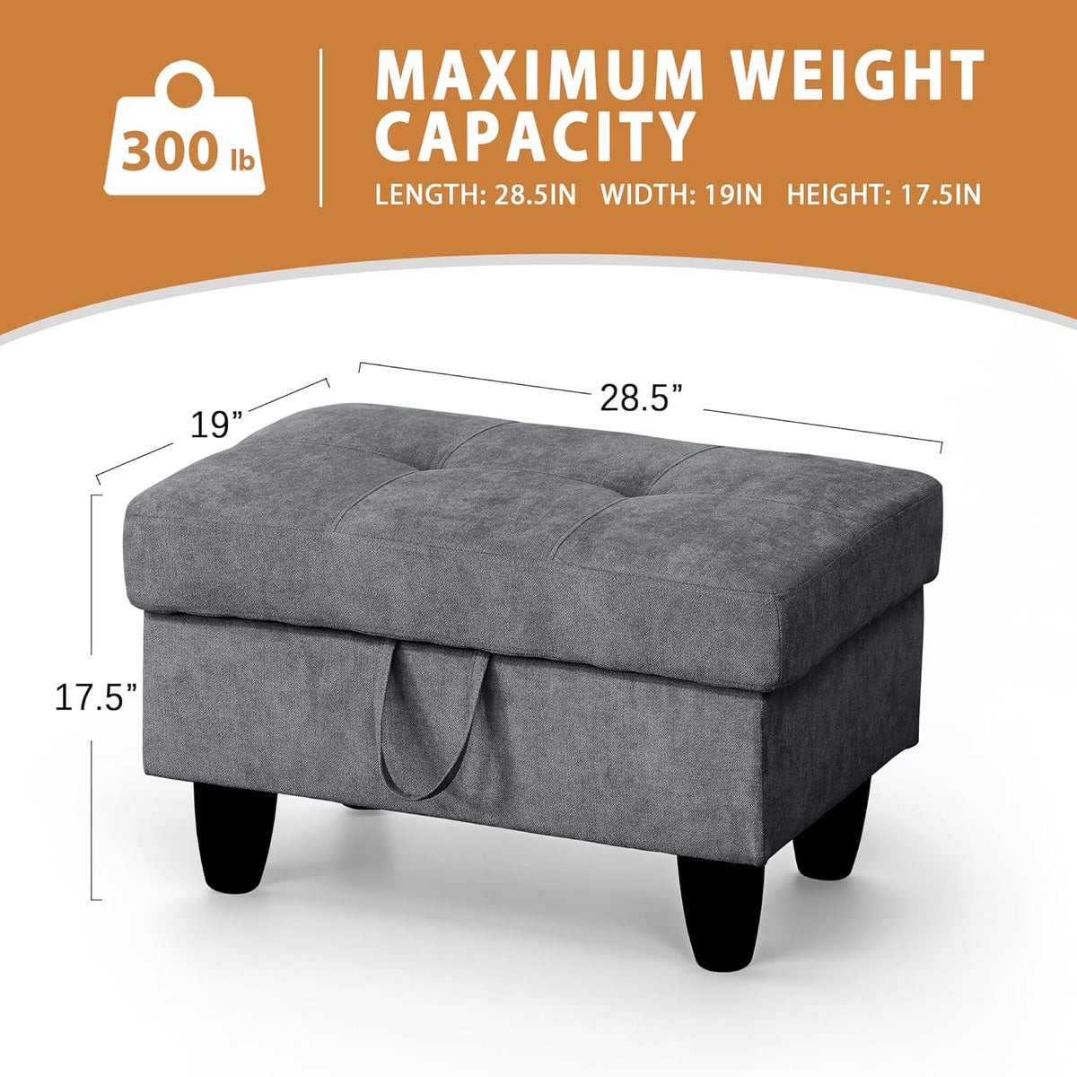 Ottoman Rectangular Storage Ottoman Bench, Flannel Footrest Stool Footstool with Lid for Living Room, Bedroom, Entryway, Dark Gray, 28.5"x19"x17.5"