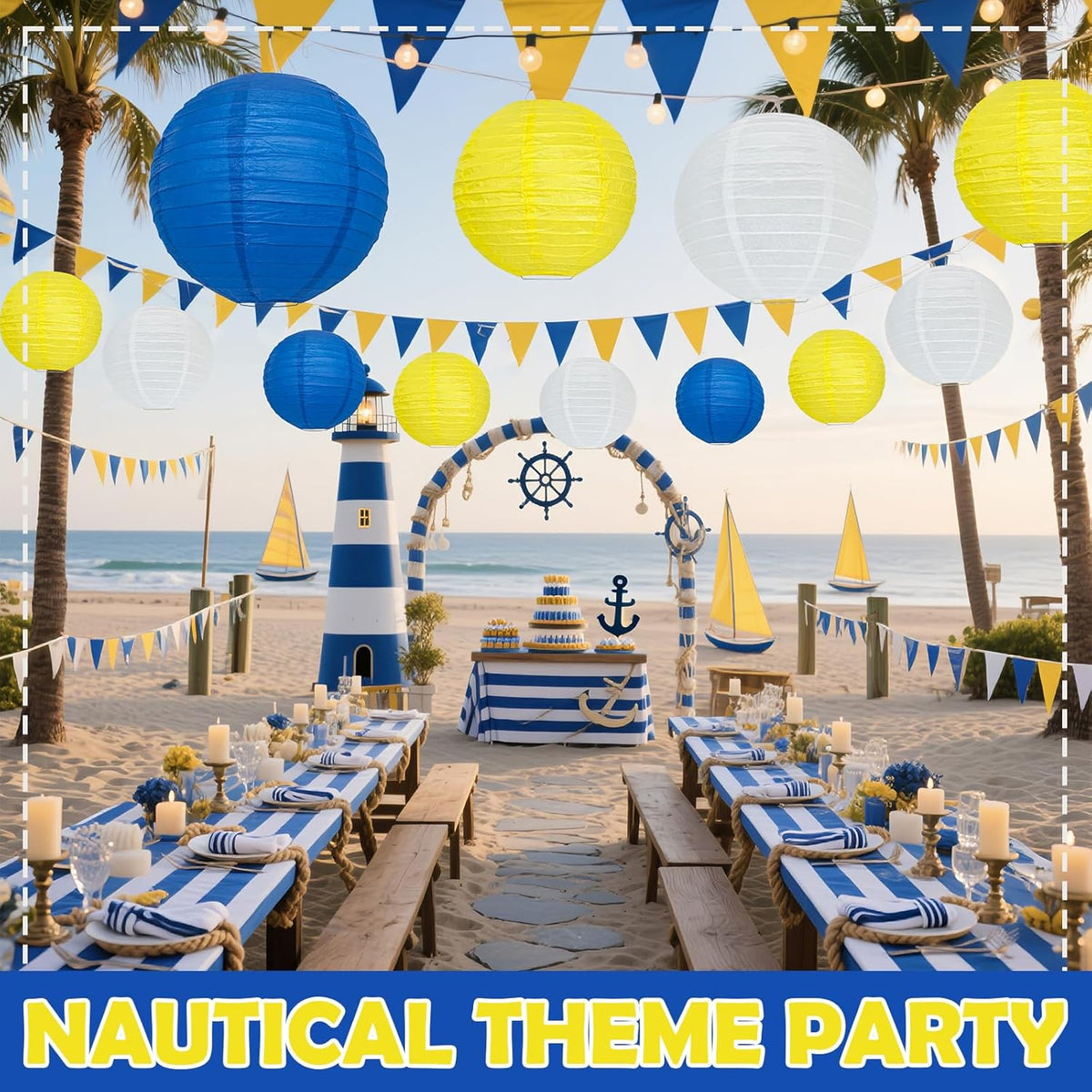 12Pcs Blue and Yellow Party Decorations Hanging Round Paper Lanterns Assorted Sizes (8" 10" 12") for Graduation Birthday Wedding Dinner Party Baby Shower BBQ Decor (Blue Yellow White)