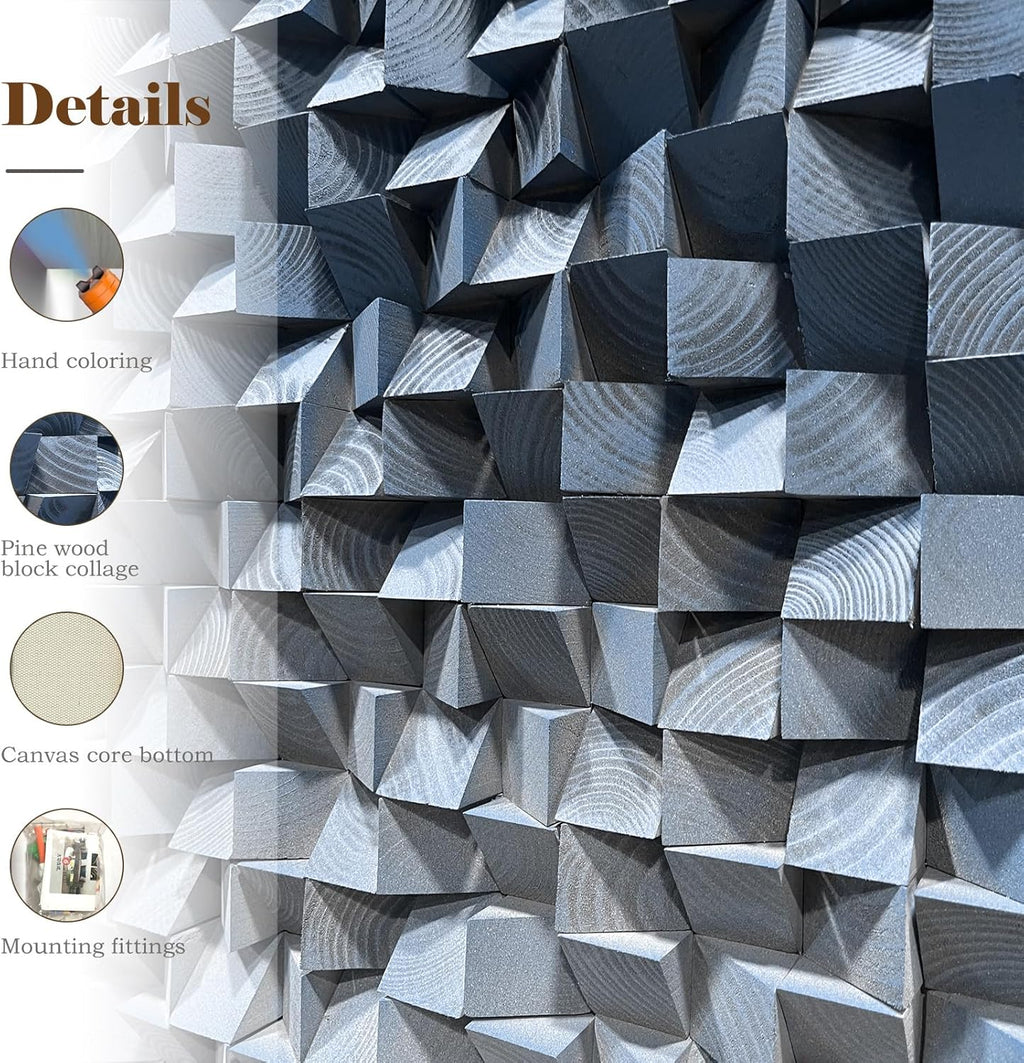 LIUZEYUE - 3D wooden block decoration painting art wall decoration 3D wooden background wall living room bedroom study (blue gray gradient) 23.6 "x 47.2"