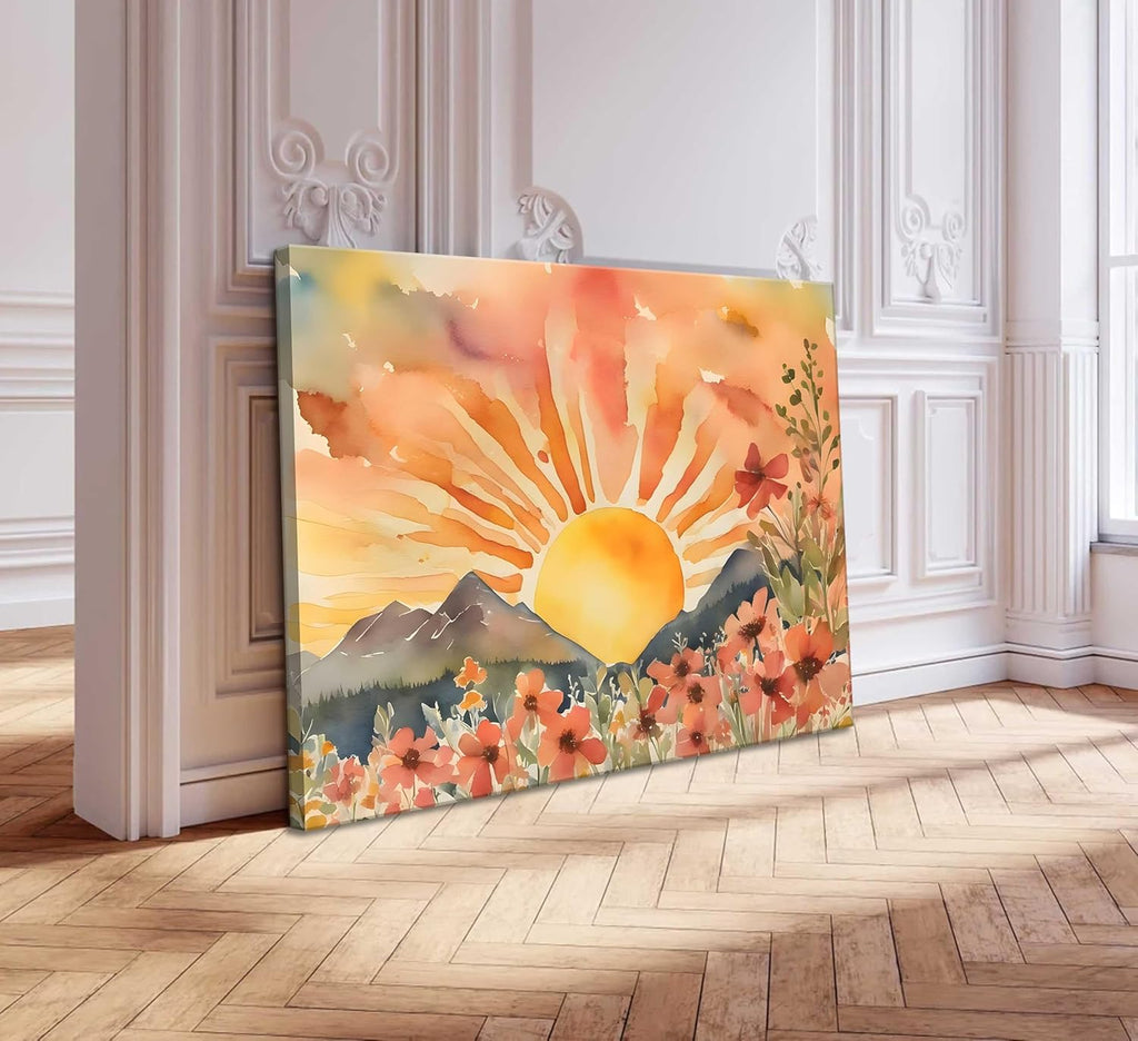 Boho Sun Canvas Wall art Mid-Century Modern Abstract Bohemian Sunset in The Mountains Watercolor Wildflowers Sunrise Landscape Picture Wall Decor Poster Print Artwork for Living Room Bedroom