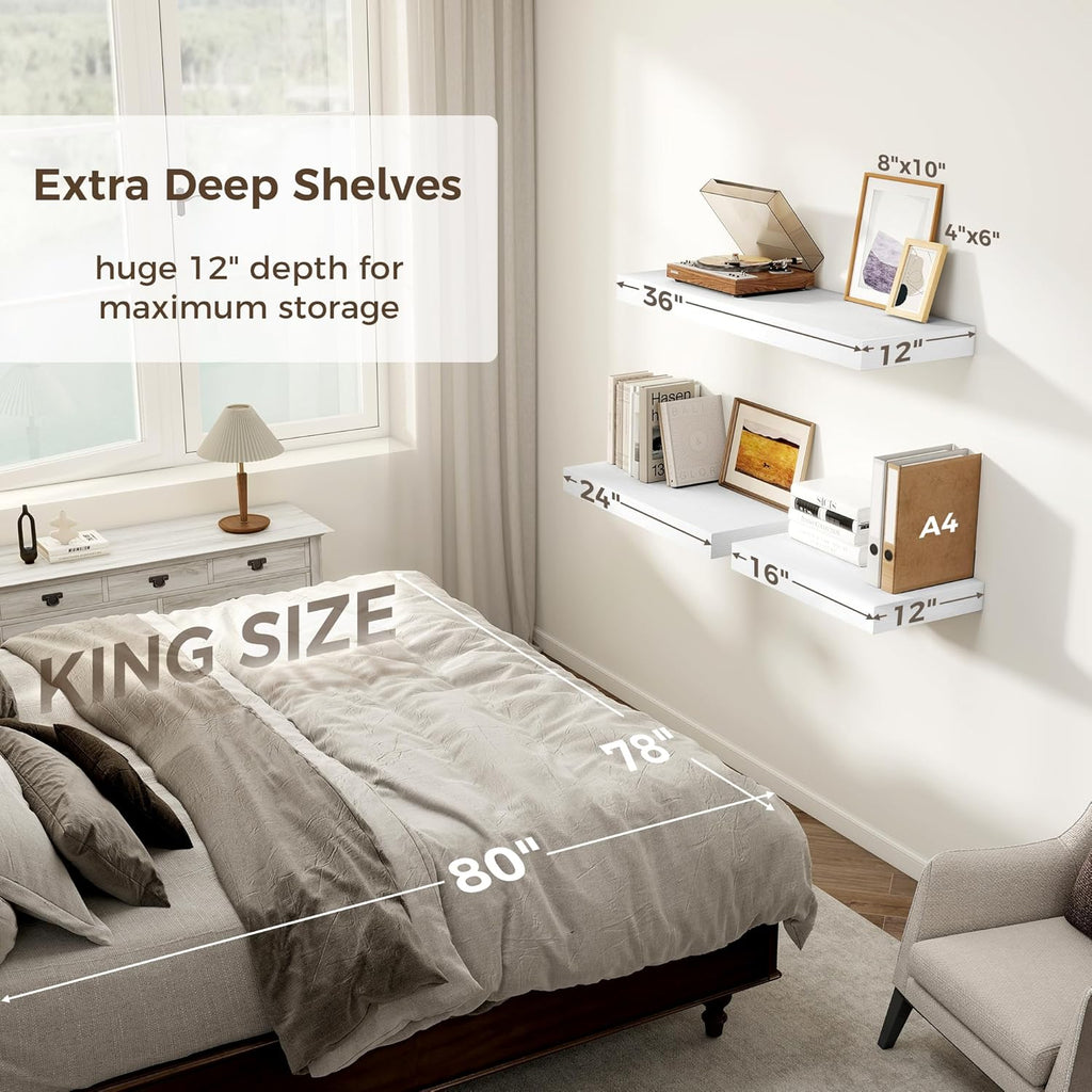 White Floating Shelves 36 Inch Long, 12 Inch Deep Floating Shelves for Wall, 36 x 12 Shelves for Wall Storage & Display, 2" Thick Floating Shelf for Bathroom, Living Room, Bedroom, Set of 1