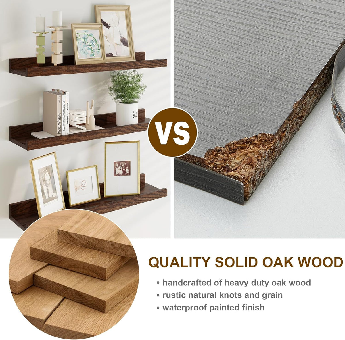 Floating Picture Ledge Shelves 36 Inch Solid Oak Wood Set of 2, Rustic Wall Storage Shelves with Lip, Kids Bookshelf, Photo & Picture Ledge Shelves for Bedroom, Living Room, Kitchen