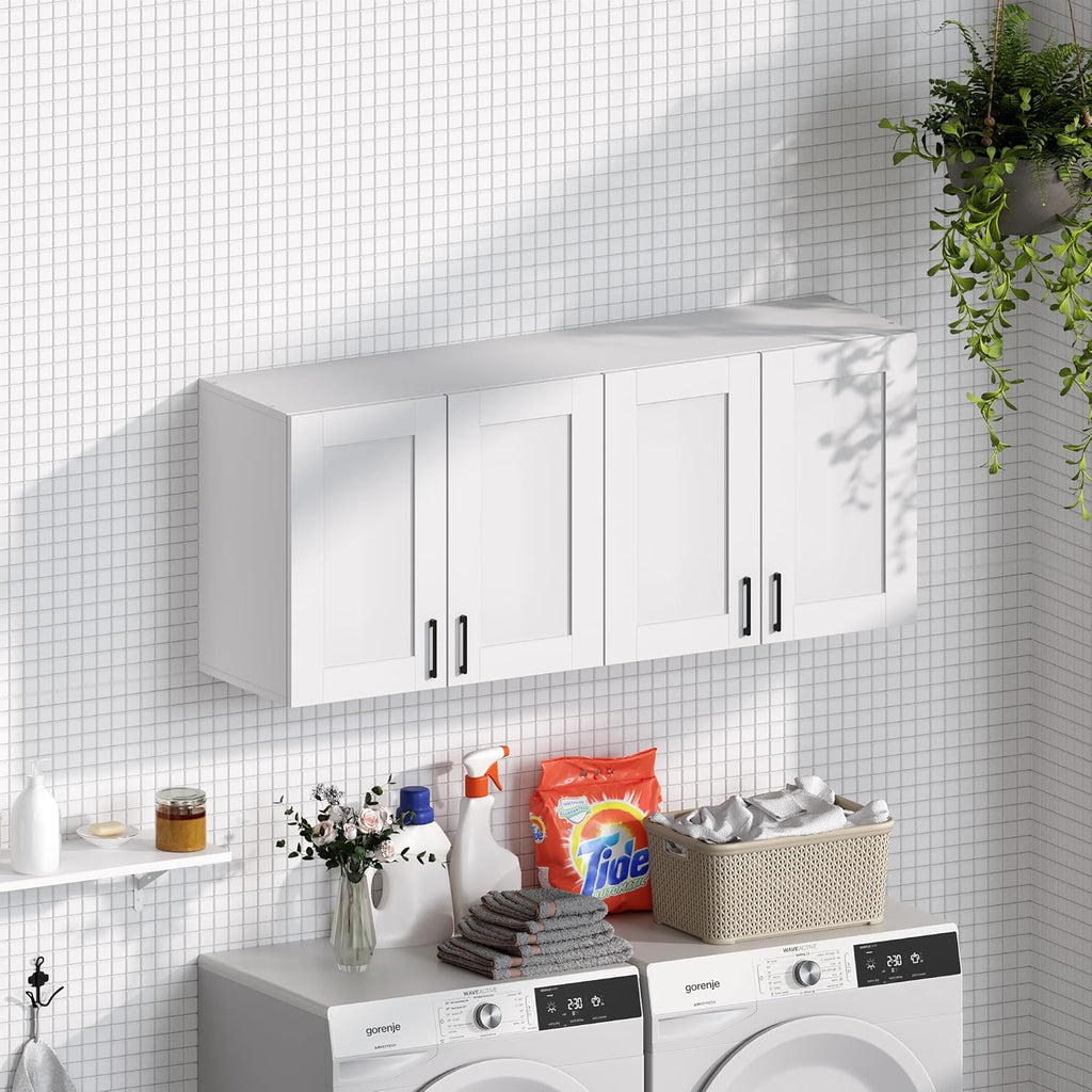 White Laundry Room Cabinets and Storage with 4 Doors and Utility Adjustable Shelf，Gabinetes Para Cocina Cupboard Kitchen Organizers and Storage Pantry Wall Mounted 12.4"D x 47.2"W x 19.7"H