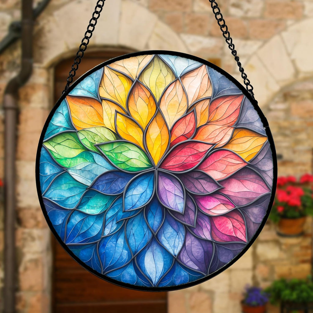 Stained Glass Window Hanging, Colorful Flower Petals Sun Catchers Diamond Glass Panel Hangings Suncatcher Decor for Birthday for Women, Men, Wife, Aunt, and Mom 6.3 in