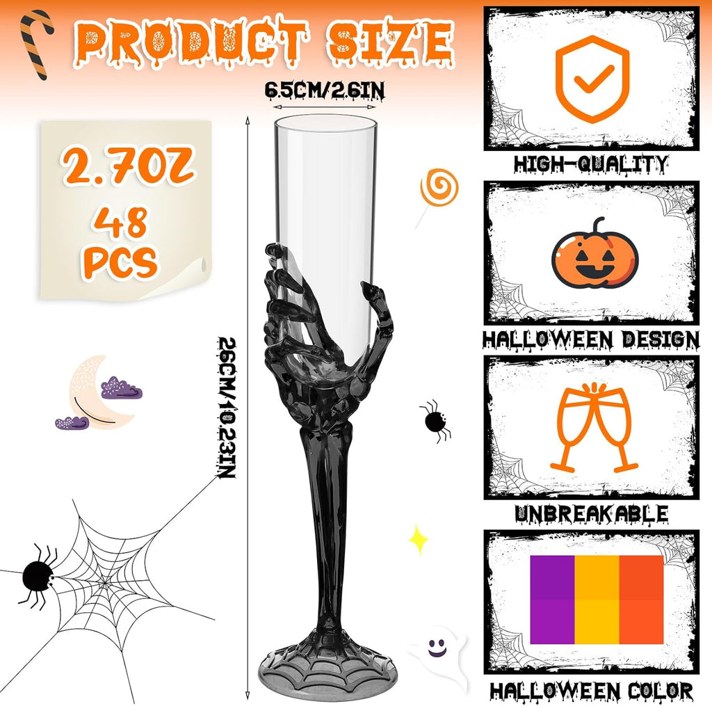 Bokon 48 Pcs Halloween Champagne Flutes Bulk Plastic Stemware Halloween Skeleton Hand Plastic Goblets Creepy Champagne Flute for Party Decoration(Black)