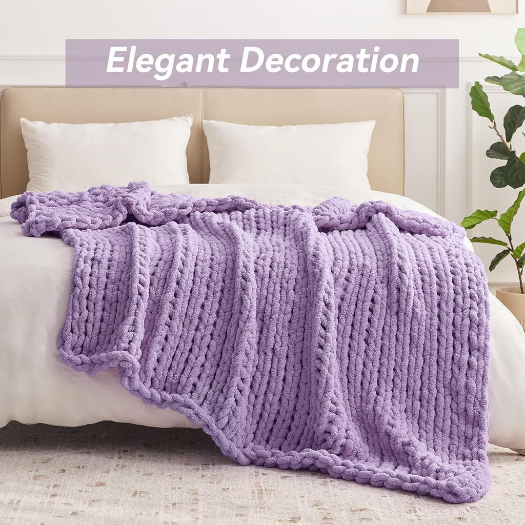 Chunky Knit Throw Blanket, 40''*50'' Knitted Throw Chenille Yarn for Bed Couch, Handmade Light Purple Crochet Big Thick Blanket, Machine Washable Cute Comfy Blanket for Home Decor