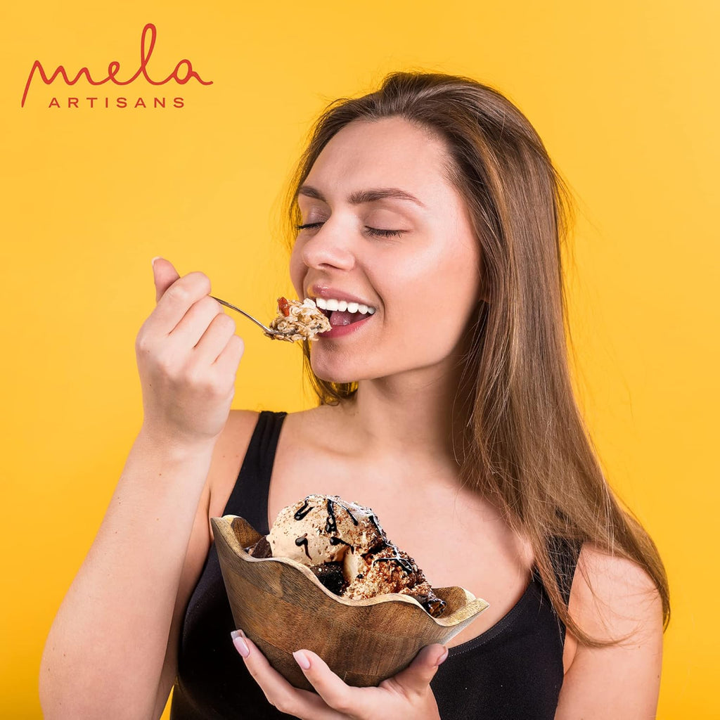 Mela Artisans Wooden Scalloped Bowl - Small | Ruffle Decorative Style | Rustic Kitchen Decor | Mango Wood | Natural Grain Finish | Fits Bread, Fruits, Salad or Popcorn | 8” x 4” x 7”