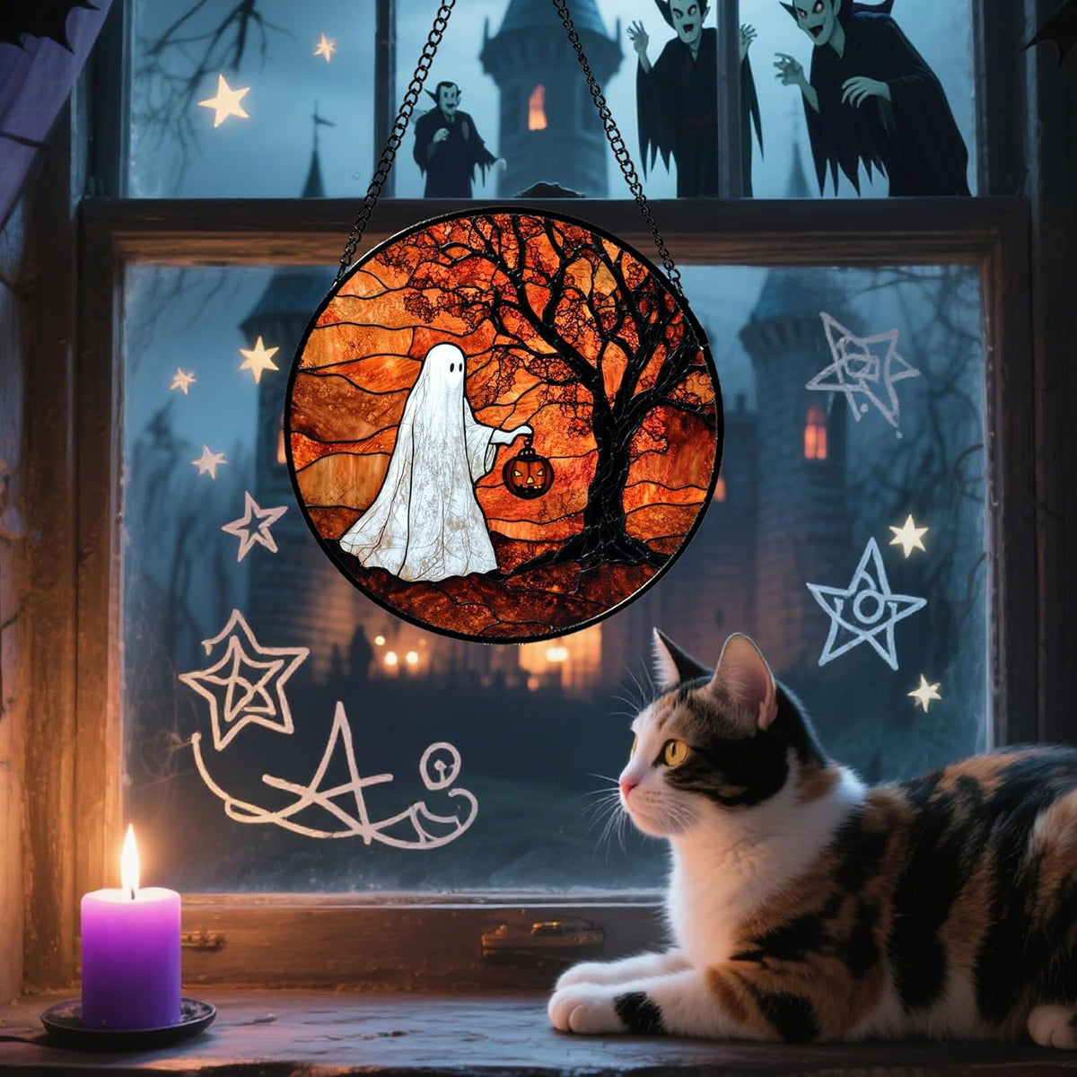 Stained Glass Window Hanging - Halloween Ghost Holding A Pumpkin Lantern Suncatcher for Door Garden Spooky Tree Sun Catchers Gothic Decorations Horror Gifts for Women Men Friend 11.8 in