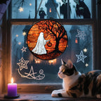 Stained Glass Window Hanging - Halloween Ghost Holding A Pumpkin Lantern Suncatcher for Door Garden Spooky Tree Sun Catchers Gothic Decorations Horror Gifts for Women Men Friend 15 in