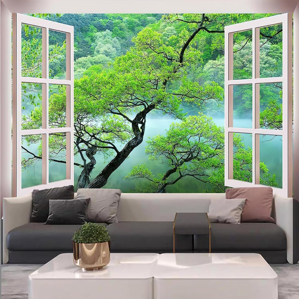 FENDROM Misty Lake Forest Tapestry Wall Hanging Nature Green Tree Landscape Window View Tapestries for Bedroom Living Room Dorm Decor