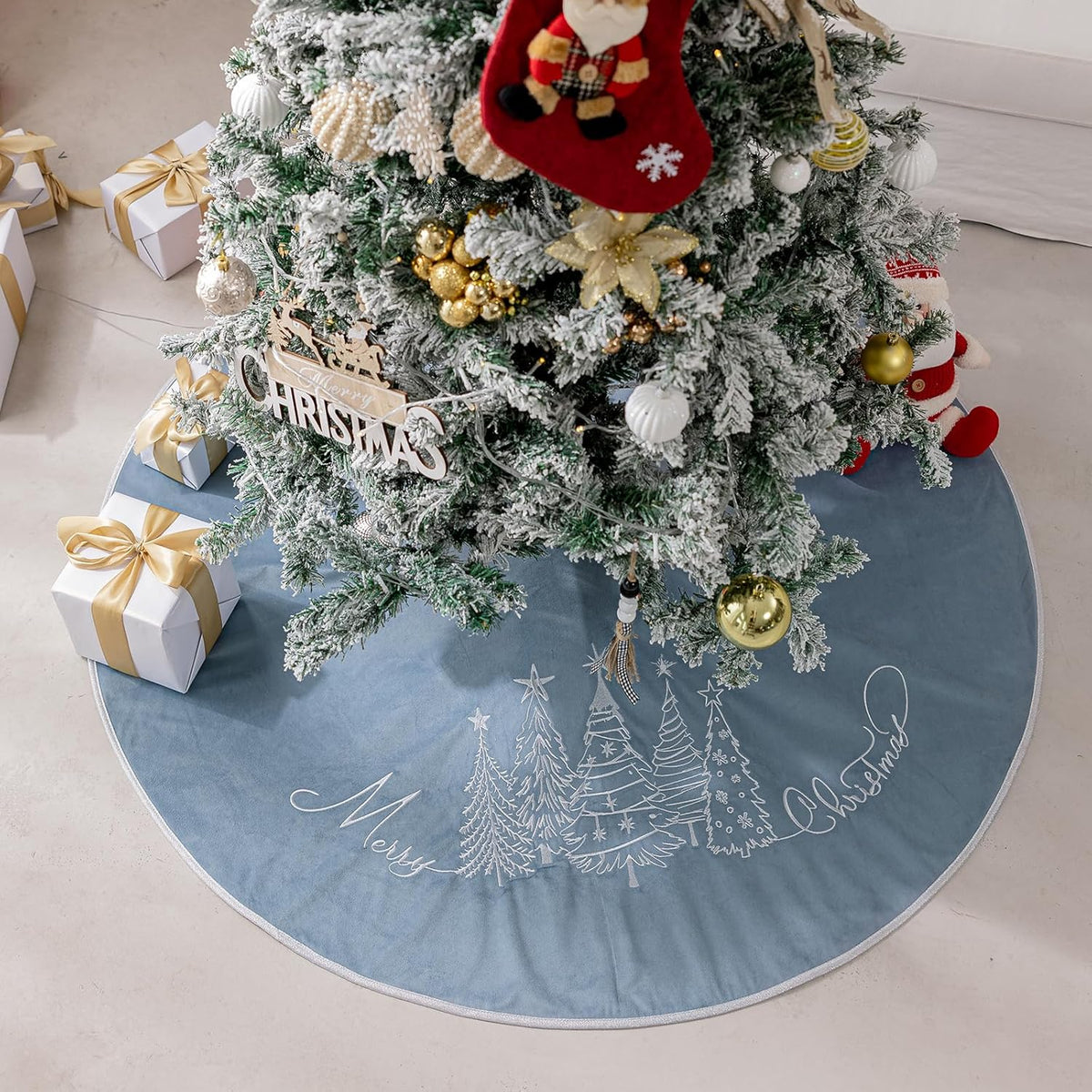 CROWNED BEAUTY Christmas Tree Skirt Blue Velvet Collar 50 Inch Embroidered Silver Pine Trees Soft Plush Fur Holiday Decoration (Blue) TS42-50