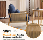 VINGLI Boho Braid Accent Armchairs Set of 2,Mid-Century Modern Chiars with Solid Wooden Armrest,Comfy Louge Cushion Chairs with Waist Pillow for Bedroom,Living Room,Reading Room, Blue