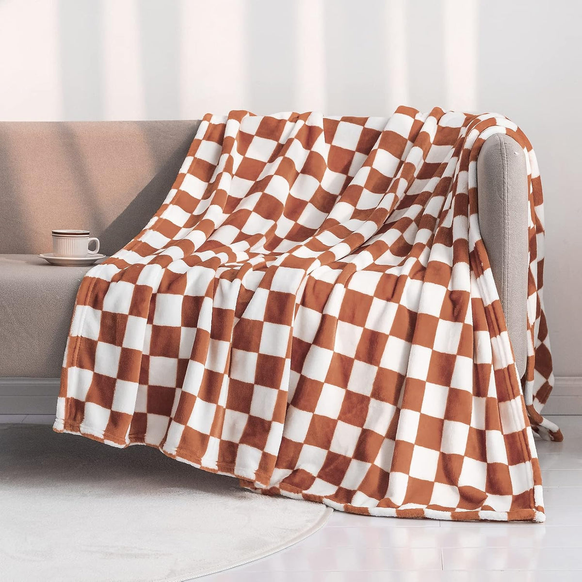 LOMAO Throw Blankets Flannel Blanket with Checkerboard Grid Pattern Soft Throw Blanket for Couch, Bed, Sofa Luxurious Warm and Cozy for All Seasons (Maple Brown, 90"x110")