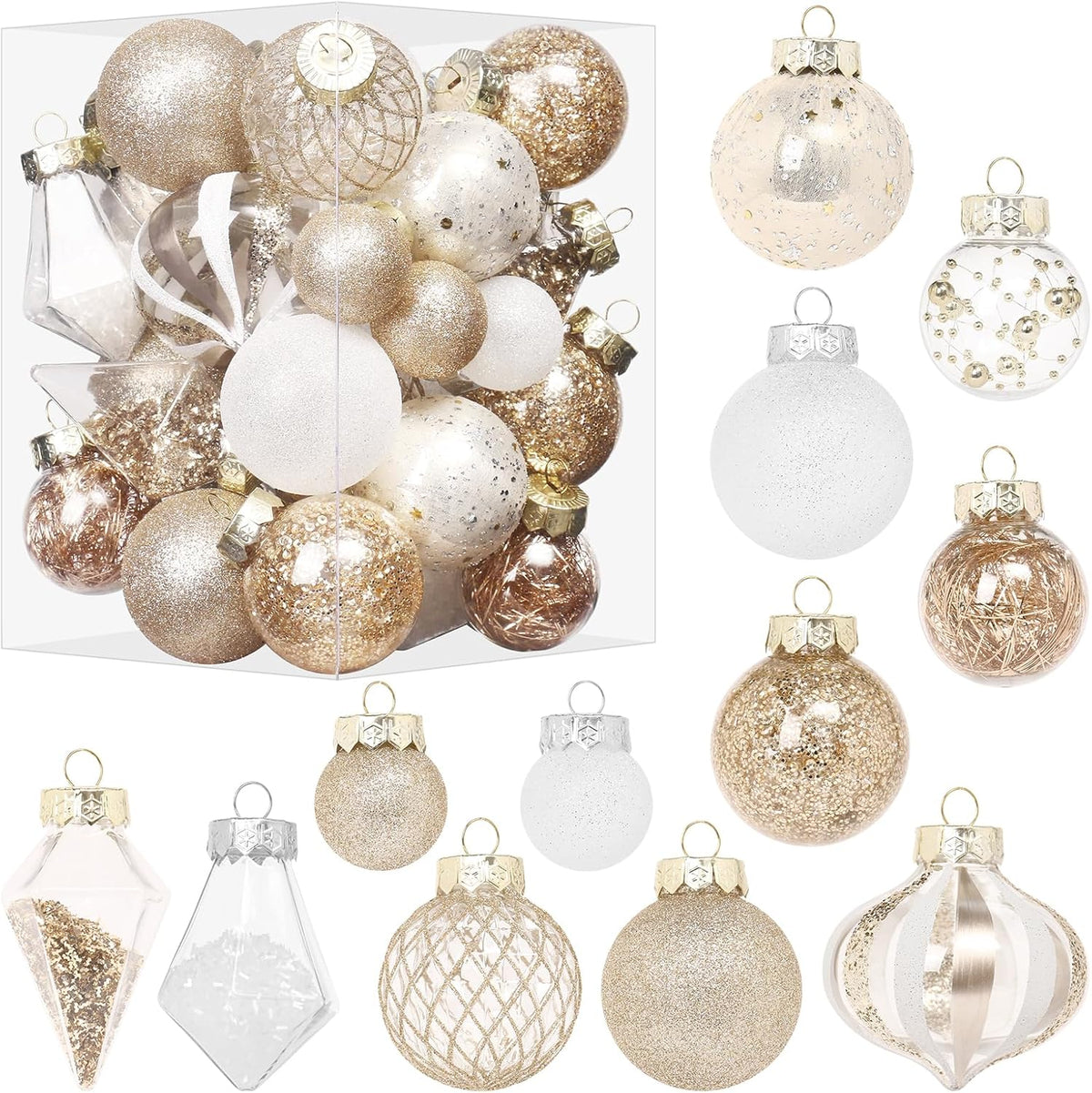 Christmas Ball Ornaments Set, 34PCS Clear Plastic Shatterproof Christmas Ornaments for Xmas Tree Hanging Decorations, for Indoor Home Thanksgiving Party Decor - Champagne/White.