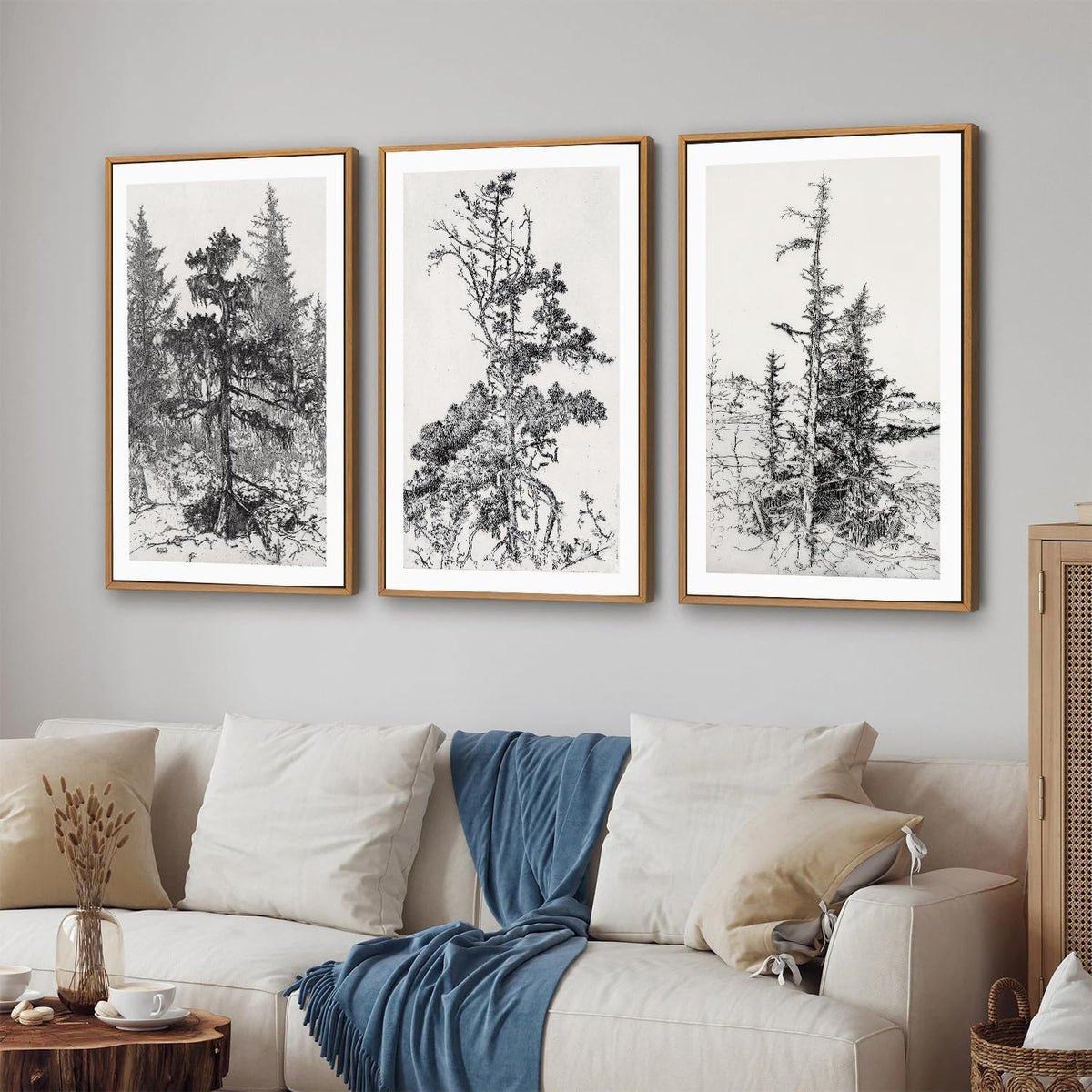 SIGNINART Vintage Tree Framed Wall Art Set , Black and White Antique Sketchbook Forest Painting, Wilderness Illustration Art Print , Retro Pine Tree Landscape Drawing Wall Decor for Living Room, Bedroom, Office (16"x24"x3)