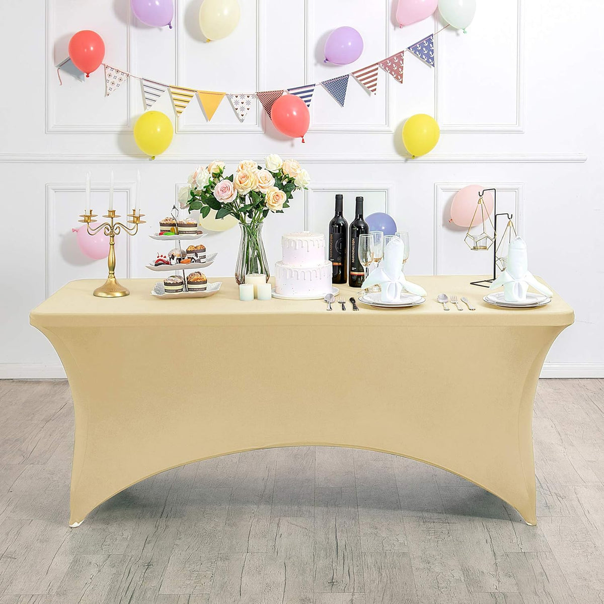 2Pack Spandex Table Cover for 6Ft or 4fT or 8ft Table Universal Fitted Stretch Tablecloth for Party, Banquet, Wedding and Events-Champagne